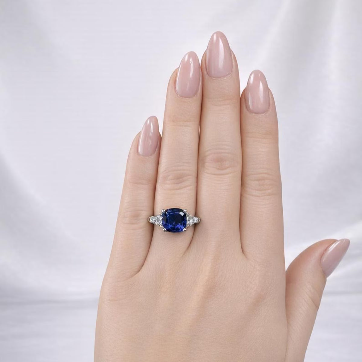 Blue Sapphire Ring 14K White Gold, September Birthstone Wedding Ring, Cushion Cut Blue Sapphire Engagement Ring, Unique Sapphire Ring