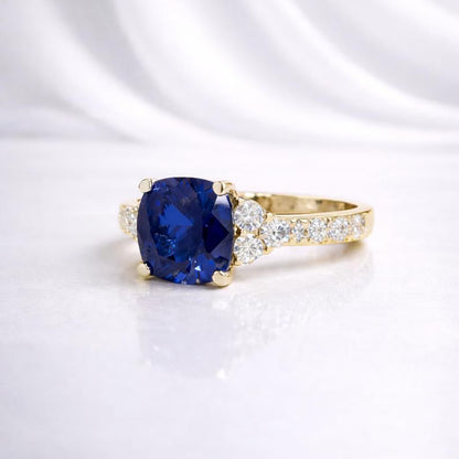 Blue Sapphire Ring 14K White Gold, September Birthstone Wedding Ring, Cushion Cut Blue Sapphire Engagement Ring, Unique Sapphire Ring