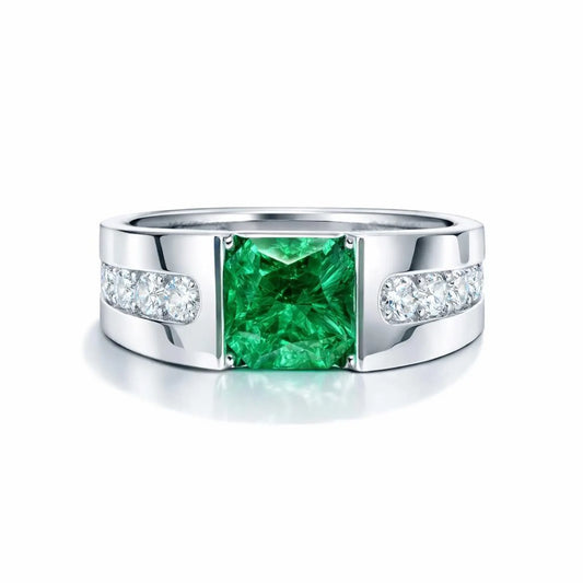 Mens Emerald and Moissanite Wedding Band White Gold, Classic Mans Wedding Band Comfort Fit, Mens Diamond Wedding Band Gold Promise Ring 7512