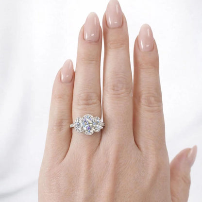 Oval Moissanite Engagement Ring White Gold Three Stone Oval Halo Moissanite Engagement Unique Vintage Wedding Promise Anniversary Ring #7372