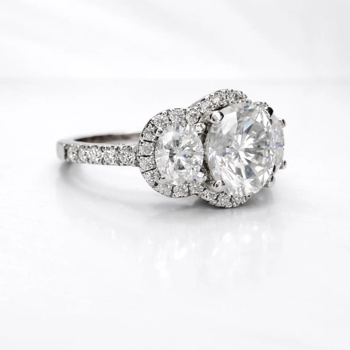 Oval Moissanite Engagement Ring White Gold Three Stone Oval Halo Moissanite Engagement Unique Vintage Wedding Promise Anniversary Ring #7372
