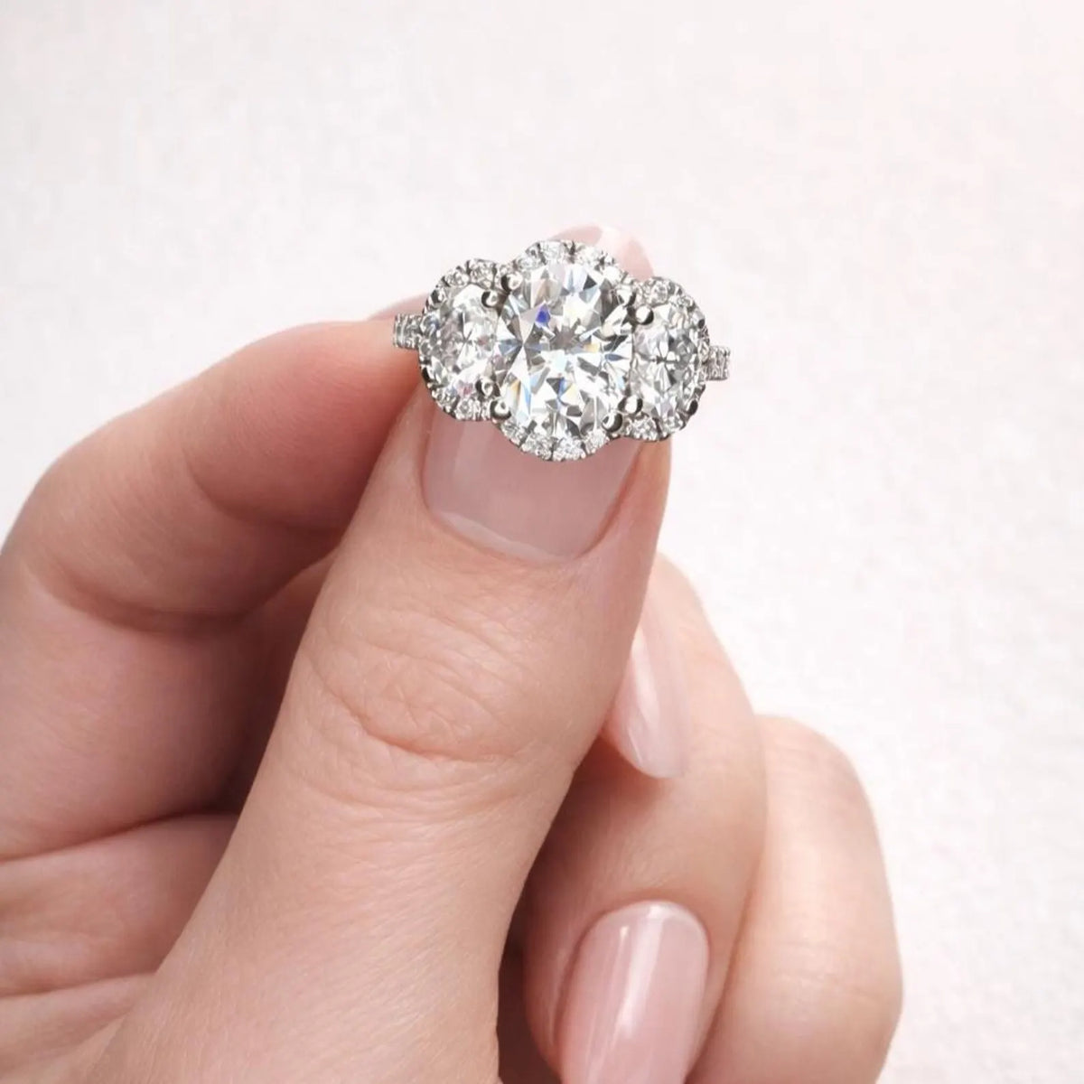 Oval Moissanite Engagement Ring White Gold Three Stone Oval Halo Moissanite Engagement Unique Vintage Wedding Promise Anniversary Ring #7372