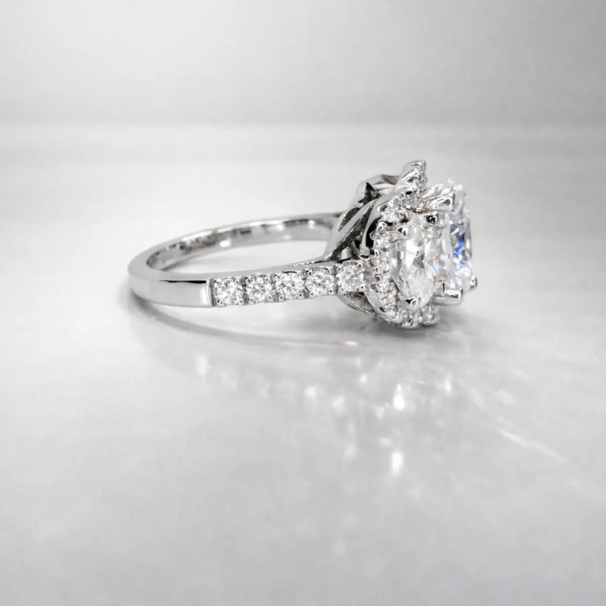 Oval Moissanite Engagement Ring White Gold Three Stone Oval Halo Moissanite Engagement Unique Vintage Wedding Promise Anniversary Ring #7372