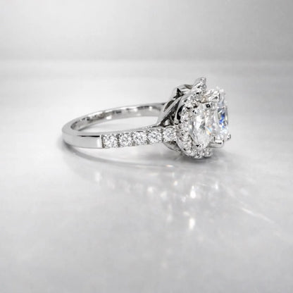 Oval Moissanite Engagement Ring White Gold Three Stone Oval Halo Moissanite Engagement Unique Vintage Wedding Promise Anniversary Ring #7372