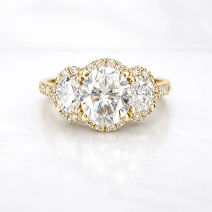 Oval Moissanite Engagement Ring White Gold Three Stone Oval Halo Moissanite Engagement Unique Vintage Wedding Promise Anniversary Ring #7372