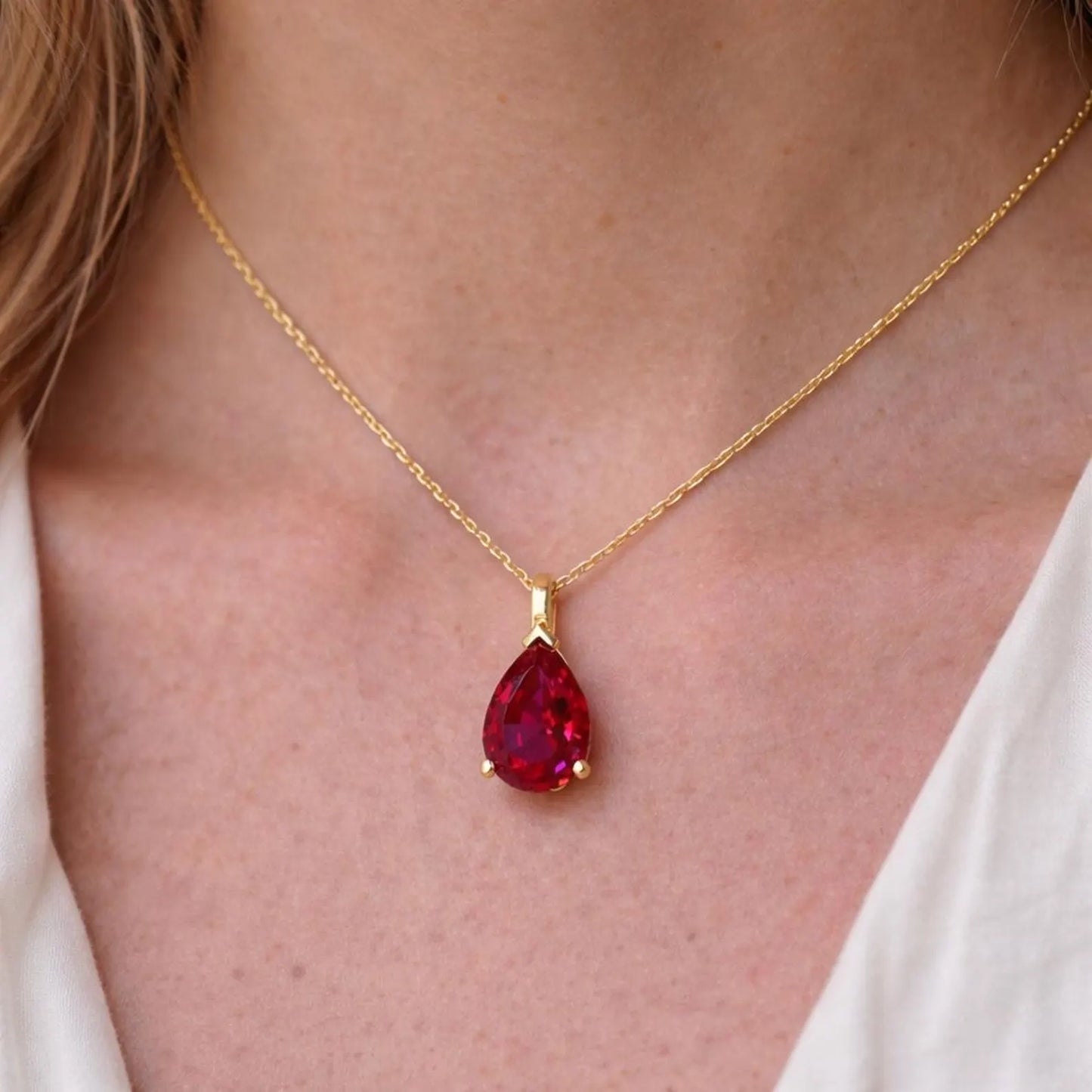 14K Gold Teardrop Ruby Necklace , Pear Shape Ruby Pendant , Teardrop Ruby Pendant Necklace with Chain , July Birthstone Jewelry , #8821