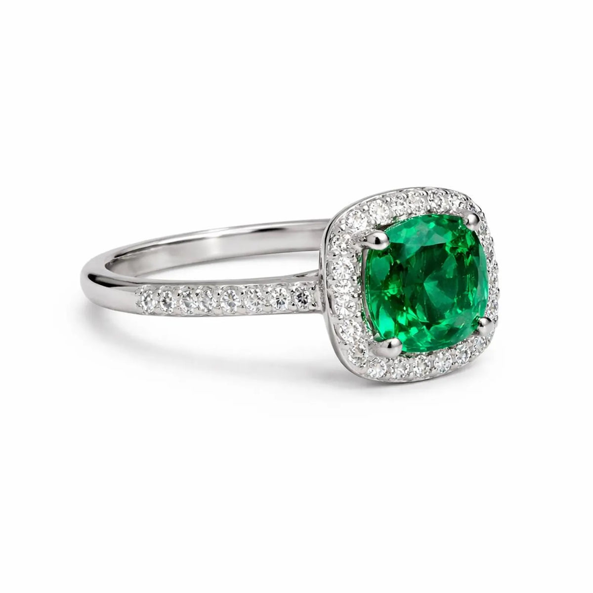Emerald Green Ring Cushion Cut Emerald with Moissanite Halo Engagement Ring White Gold Simple Emerald Wedding Promise Anniversary Ring #6190
