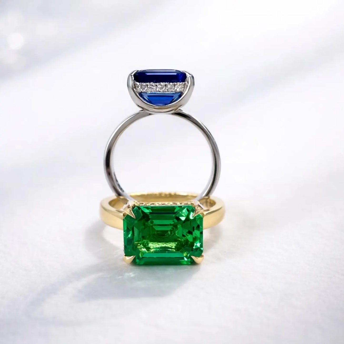 3.65 CTW Emerald Cut Emerald East West Hidden Halo 14K Solid Gold, Birthstone Mothers Ring, Everyday Gemstone Ring #8904