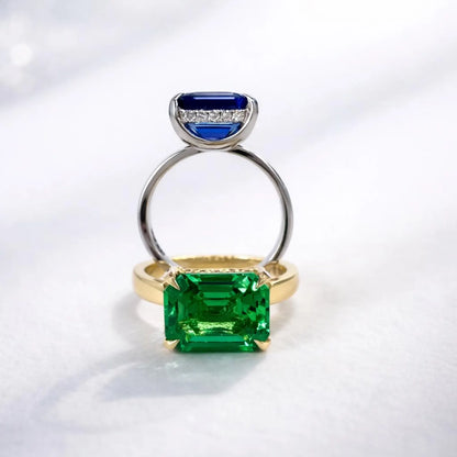 3.65 CTW Emerald Cut Emerald East West Hidden Halo 14K Solid Gold, Birthstone Mothers Ring, Everyday Gemstone Ring #8904