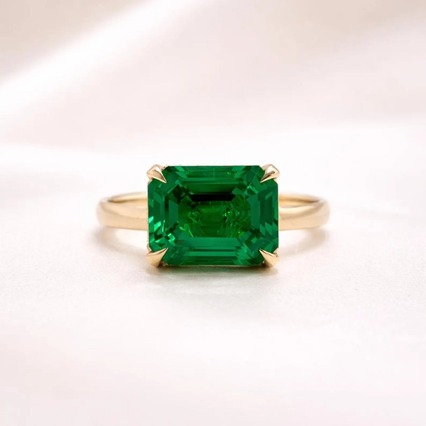 3.65 CTW Emerald Cut Emerald East West Hidden Halo 14K Solid Gold, Birthstone Mothers Ring, Everyday Gemstone Ring #8904