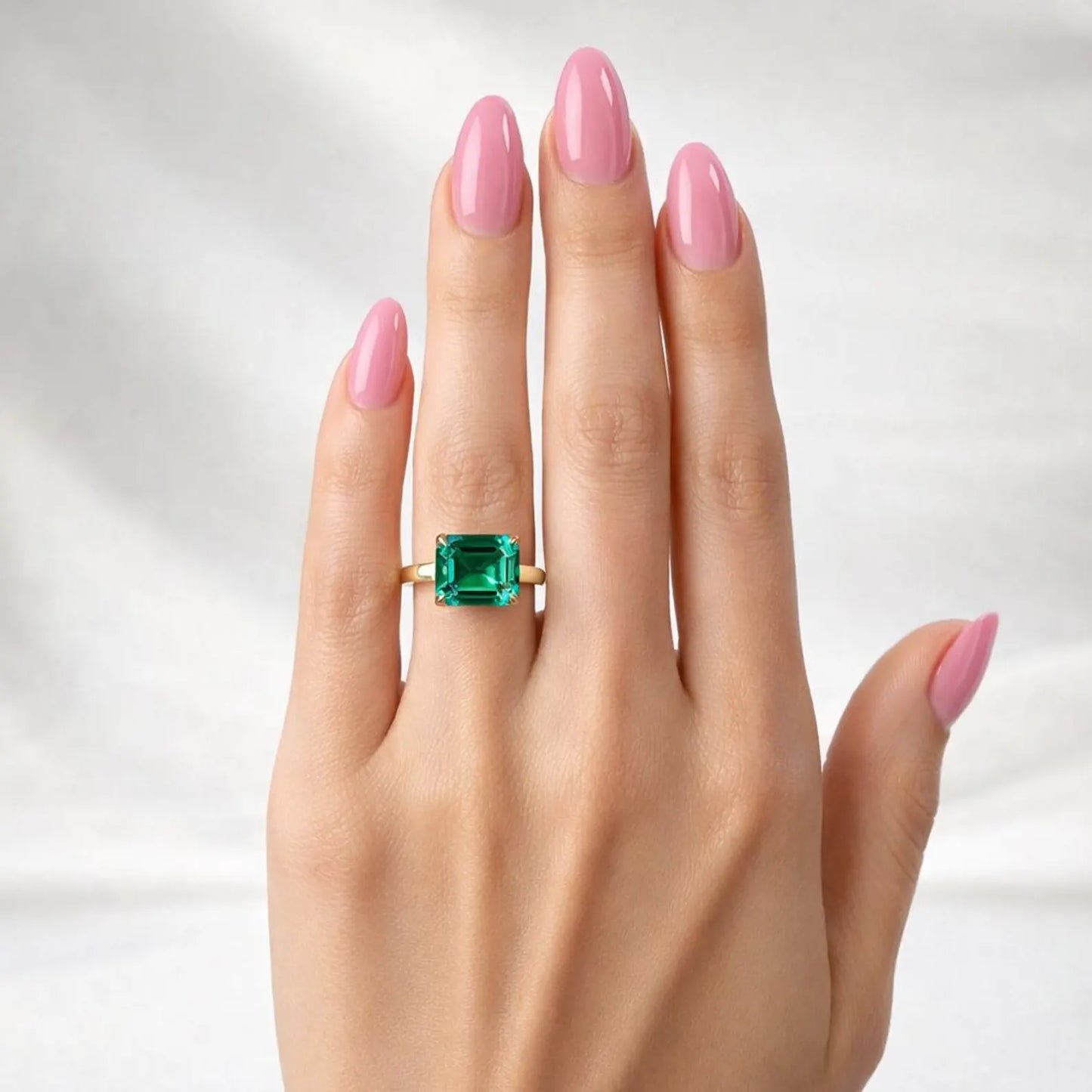 3.65 CTW Emerald Cut Emerald East West Hidden Halo 14K Solid Gold, Birthstone Mothers Ring, Everyday Gemstone Ring #8904