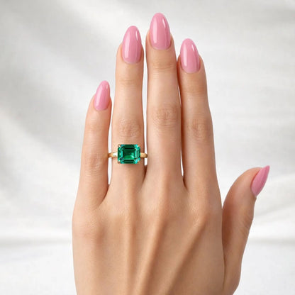 3.65 CTW Emerald Cut Emerald East West Hidden Halo 14K Solid Gold, Birthstone Mothers Ring, Everyday Gemstone Ring #8904