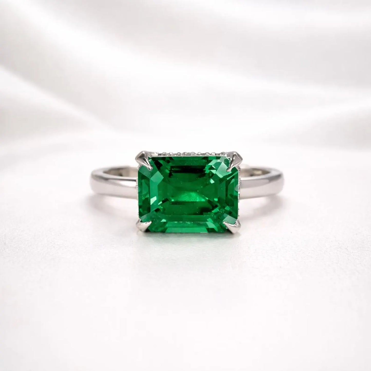3.65 CTW Emerald Cut Emerald East West Hidden Halo 14K Solid Gold, Birthstone Mothers Ring, Everyday Gemstone Ring #8904