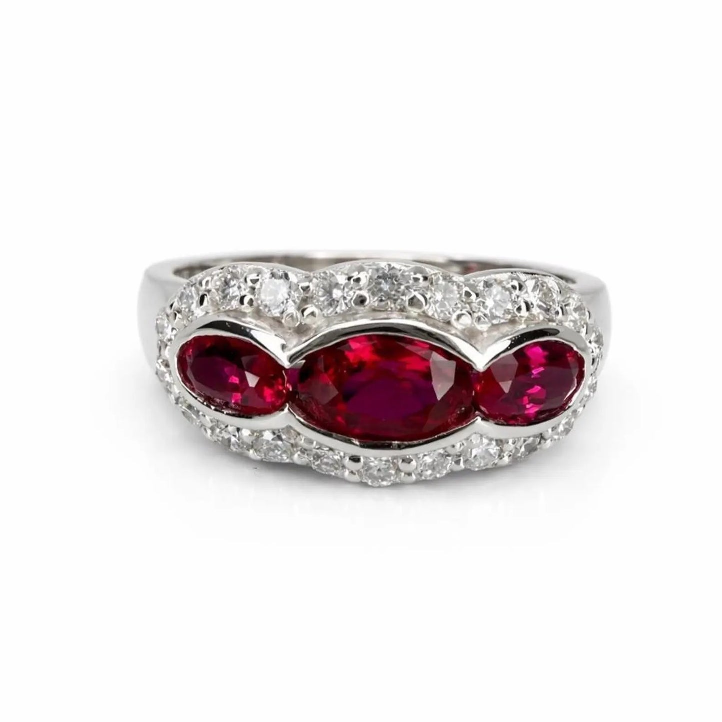 1.26 CTW 3 Stone Oval Ruby or Blue Sapphire East West Ring 14K Solid Gold, Vintage Style Ruby Anniversary Band, Lab Grown Diamonds #8932