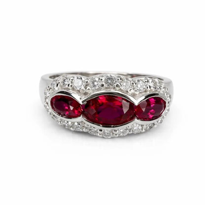 1.26 CTW 3 Stone Oval Ruby or Blue Sapphire East West Ring 14K Solid Gold, Vintage Style Ruby Anniversary Band, Lab Grown Diamonds #8932