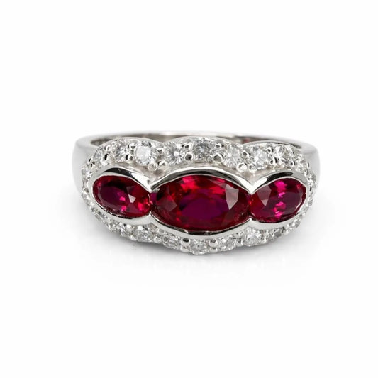 1.26 CTW 3 Stone Oval Ruby or Blue Sapphire East West Ring 14K Solid Gold, Vintage Style Ruby Anniversary Band, Lab Grown Diamonds #8932