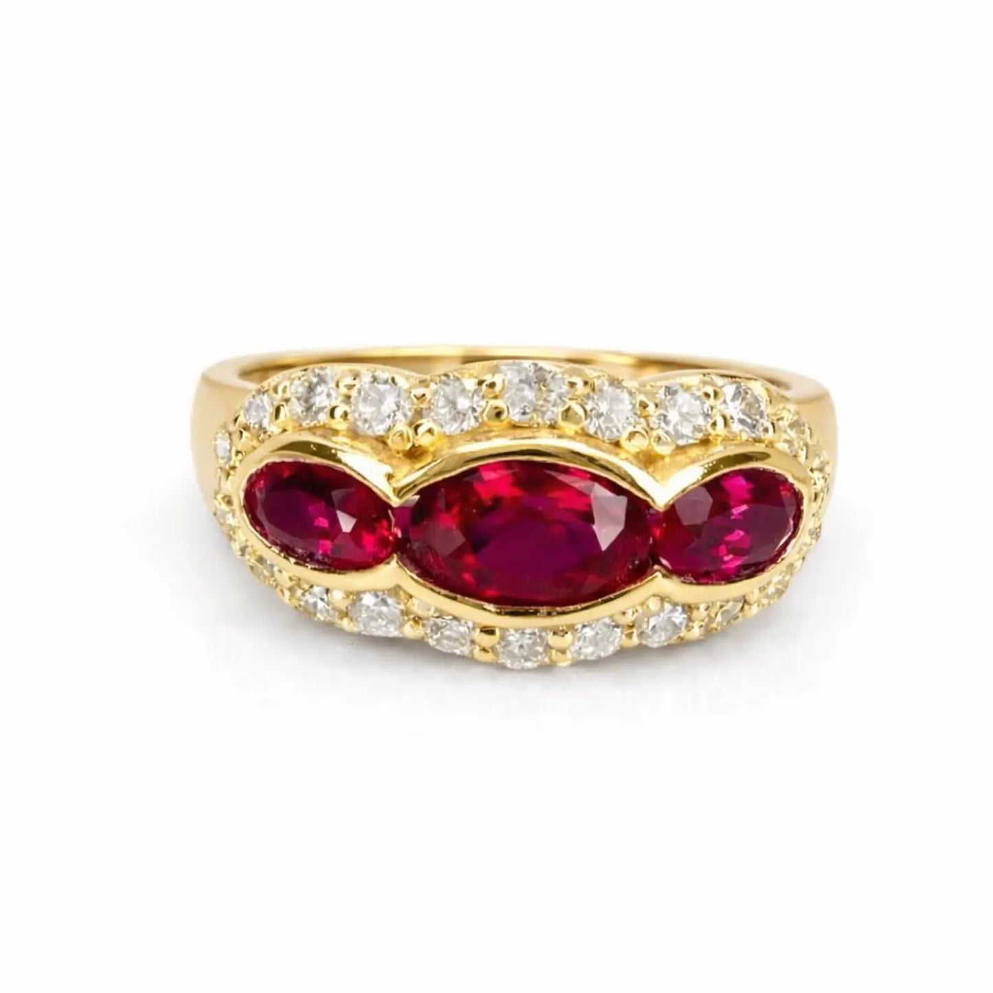 1.26 CTW 3 Stone Oval Ruby or Blue Sapphire East West Ring 14K Solid Gold, Vintage Style Ruby Anniversary Band, Lab Grown Diamonds #8932