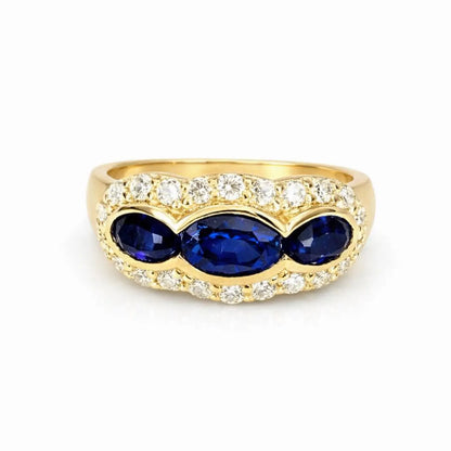 1.26 CTW 3 Stone Oval Ruby or Blue Sapphire East West Ring 14K Solid Gold, Vintage Style Ruby Anniversary Band, Lab Grown Diamonds #8932