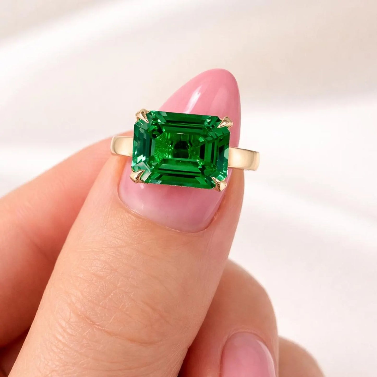 3.65 CTW Emerald Cut Emerald East West Hidden Halo 14K Solid Gold, Birthstone Mothers Ring, Everyday Gemstone Ring #8904