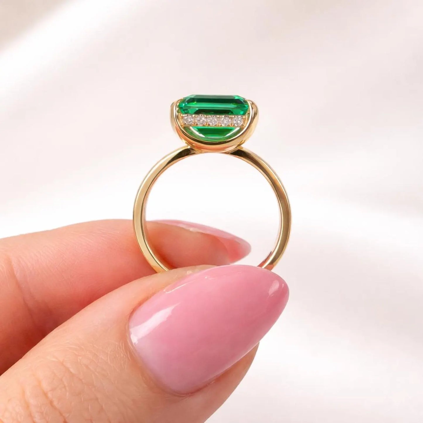 3.65 CTW Emerald Cut Emerald East West Hidden Halo 14K Solid Gold, Birthstone Mothers Ring, Everyday Gemstone Ring #8904