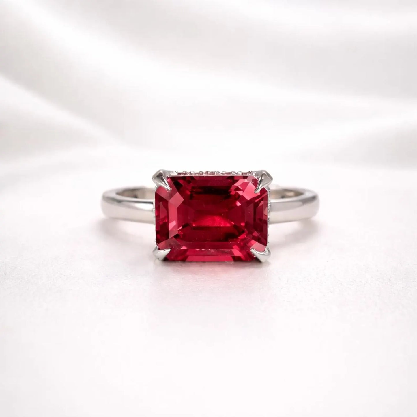 3.65 CTW Emerald Cut Emerald East West Hidden Halo 14K Solid Gold, Birthstone Mothers Ring, Everyday Gemstone Ring #8904