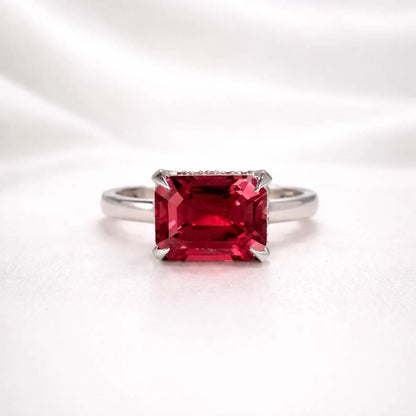 3.65 CTW Emerald Cut Emerald East West Hidden Halo 14K Solid Gold, Birthstone Mothers Ring, Everyday Gemstone Ring #8904