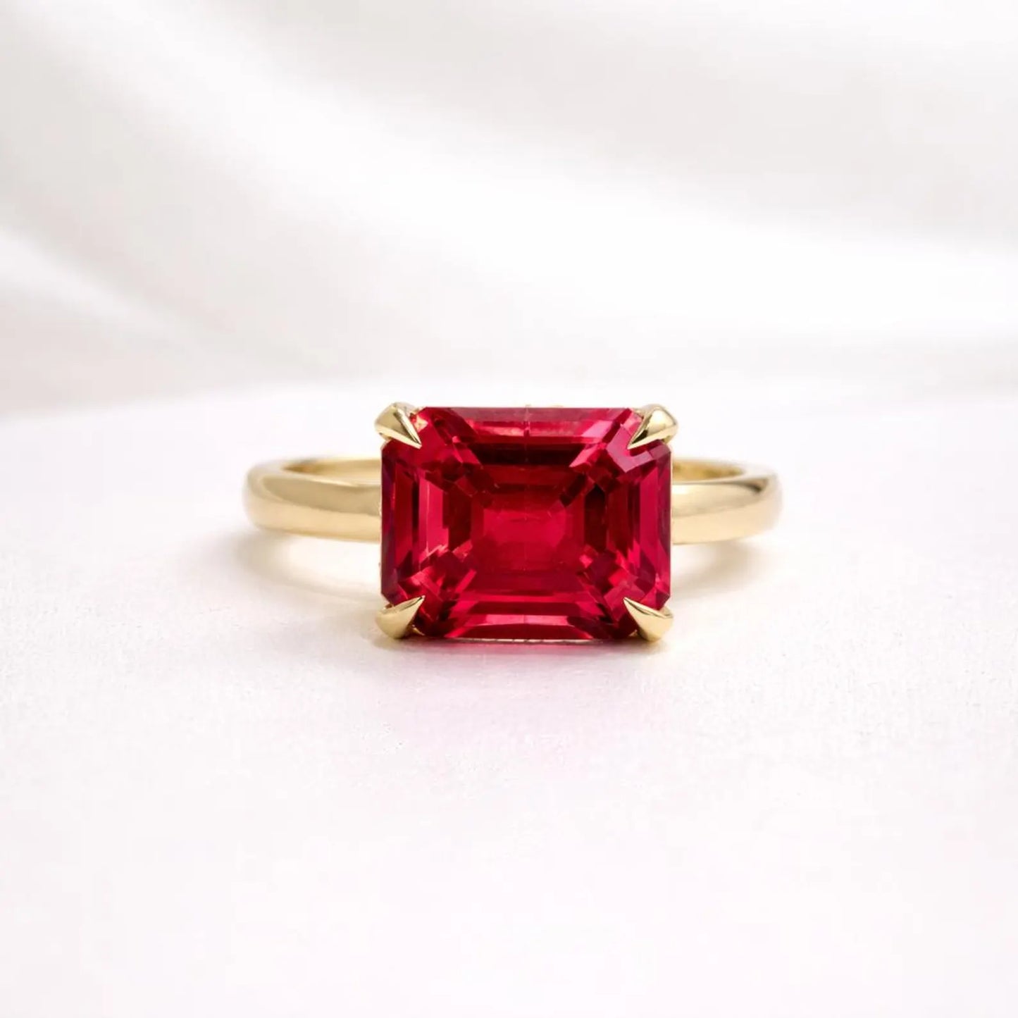 3.65 CTW Emerald Cut Emerald East West Hidden Halo 14K Solid Gold, Birthstone Mothers Ring, Everyday Gemstone Ring #8904