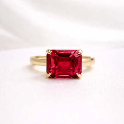 3.65 CTW Emerald Cut Emerald East West Hidden Halo 14K Solid Gold, Birthstone Mothers Ring, Everyday Gemstone Ring #8904