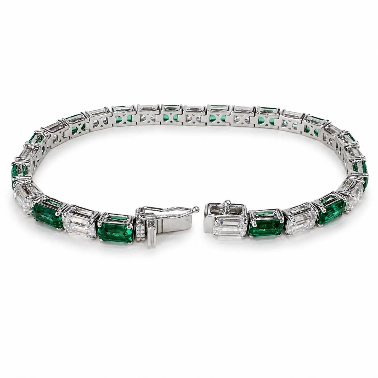 Lab Grown Diamond Bracelet with Emeralds, Emerald Cut Tennis Bracelet, White Gold Diamond Bracelet, #8945