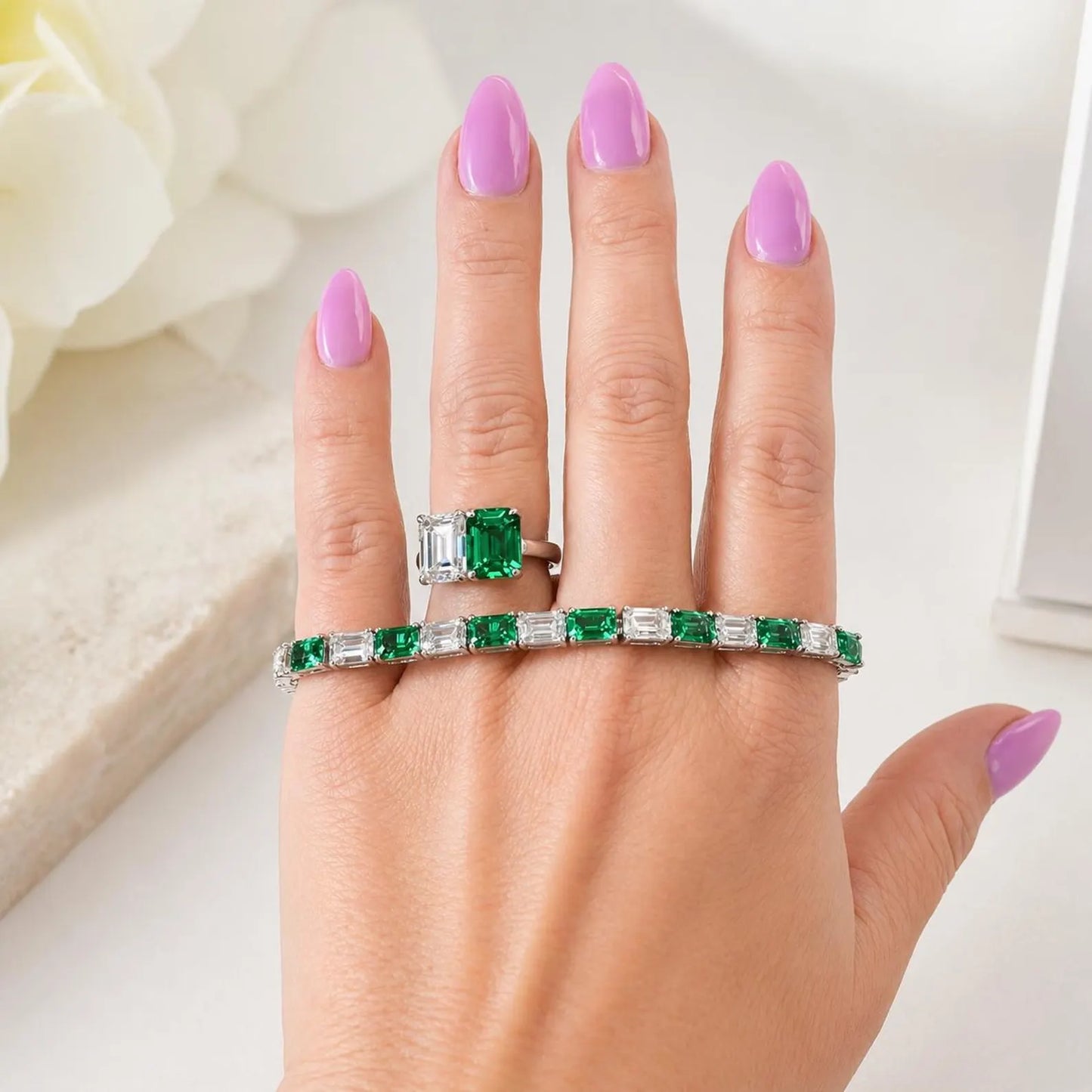 Lab Grown Diamond Bracelet with Emeralds, Emerald Cut Tennis Bracelet, White Gold Diamond Bracelet, #8945