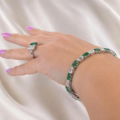 Lab Grown Diamond Bracelet with Emeralds, Emerald Cut Tennis Bracelet, White Gold Diamond Bracelet, #8945