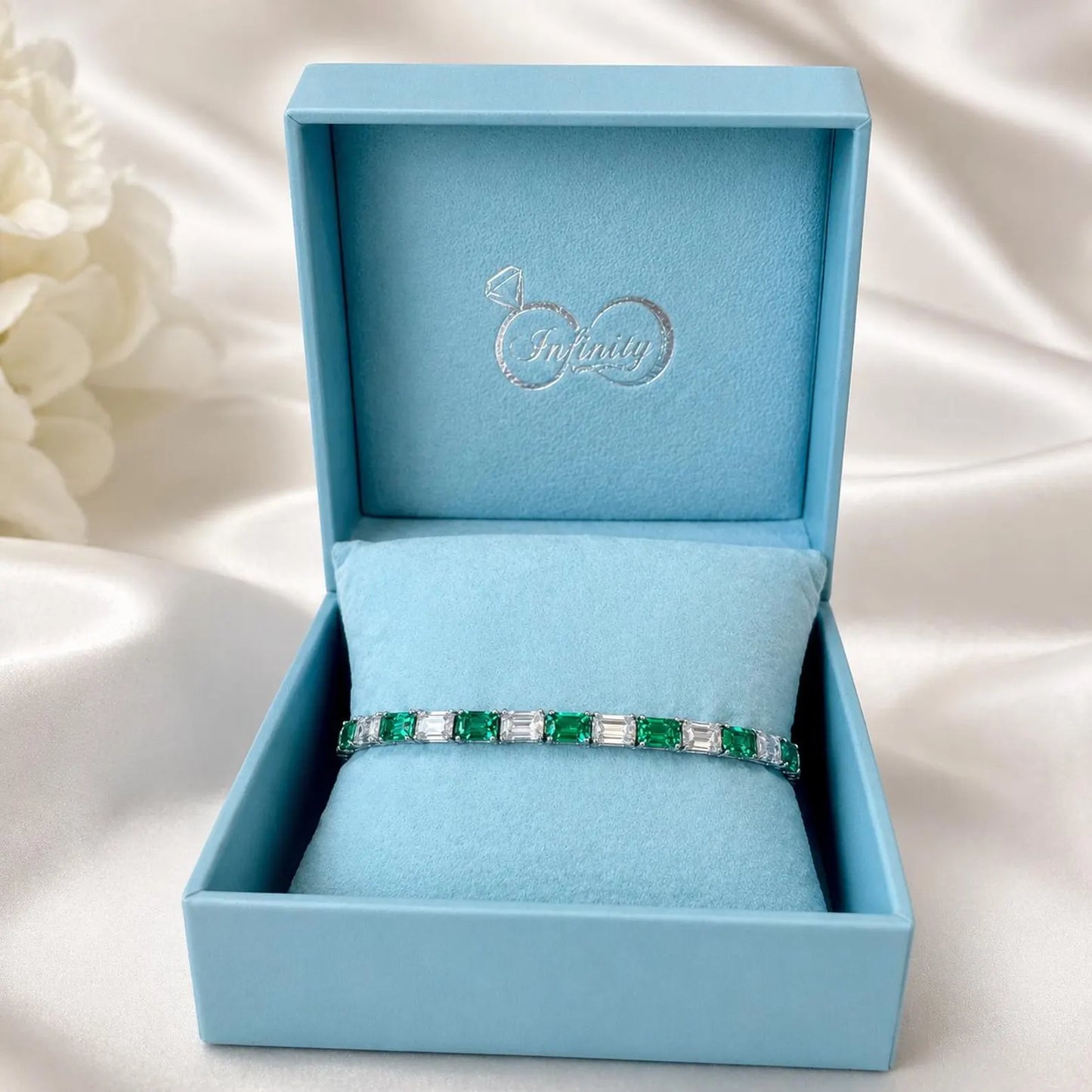 Lab Grown Diamond Bracelet with Emeralds, Emerald Cut Tennis Bracelet, White Gold Diamond Bracelet, #8945