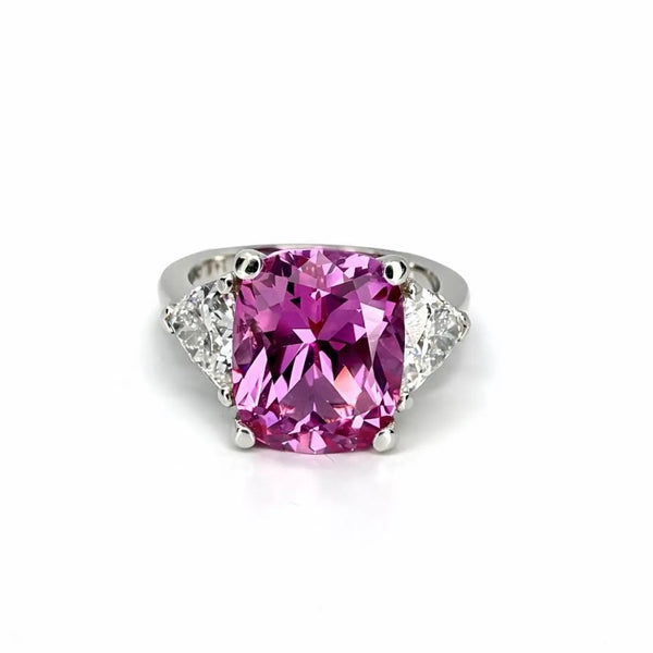 Elongated Cushion Cut Pink Sapphire Engagement Ring, October Birthstone Ring 14K Solid Gold, Three Stone wedding Ring, #8931