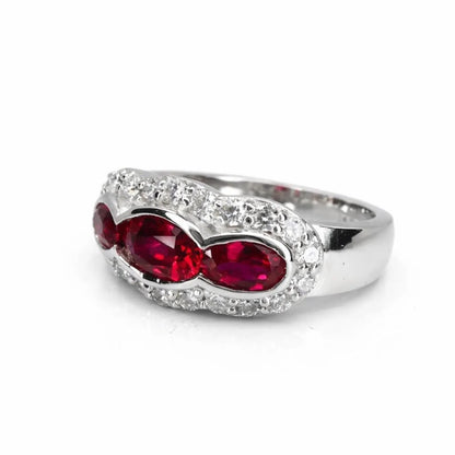 1.26 CTW 3 Stone Oval Ruby or Blue Sapphire East West Ring 14K Solid Gold, Vintage Style Ruby Anniversary Band, Lab Grown Diamonds #8932
