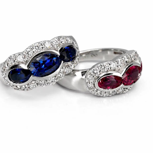 1.26 CTW 3 Stone Oval Ruby or Blue Sapphire East West Ring 14K Solid Gold, Vintage Style Ruby Anniversary Band, Lab Grown Diamonds #8932