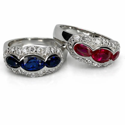 1.26 CTW 3 Stone Oval Ruby or Blue Sapphire East West Ring 14K Solid Gold, Vintage Style Ruby Anniversary Band, Lab Grown Diamonds #8932