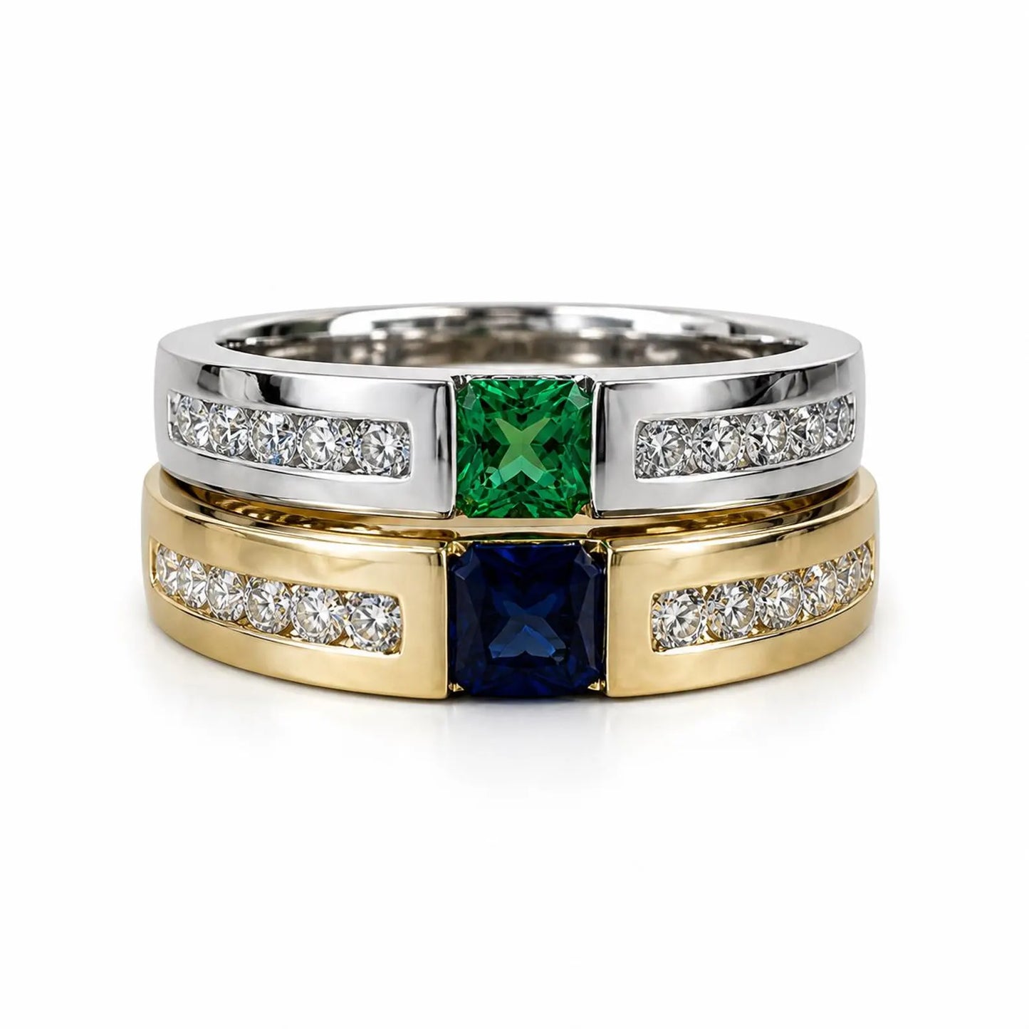 Mens Emerald and Moissanite Wedding Band White Gold Classic Mans Wedding Band Comfort Fit Mens Wedding Band White Gold Promise Ring   #7184