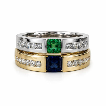 Mens Emerald and Moissanite Wedding Band White Gold Classic Mans Wedding Band Comfort Fit Mens Wedding Band White Gold Promise Ring   #7184