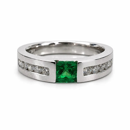 Mens Emerald and Moissanite Wedding Band White Gold Classic Mans Wedding Band Comfort Fit Mens Wedding Band White Gold Promise Ring   #7184