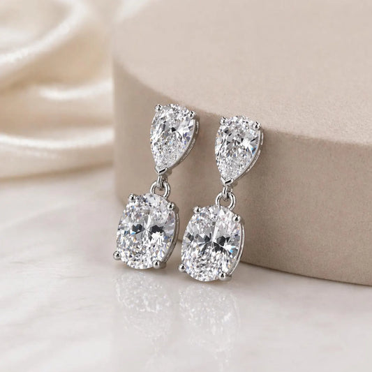 Bridal Drop Earrings, CZ Dangle Earrings 14K Gold, Teardrop & Oval Cubic Zirconia Earrings, Wedding Earrings for Bride #8940
