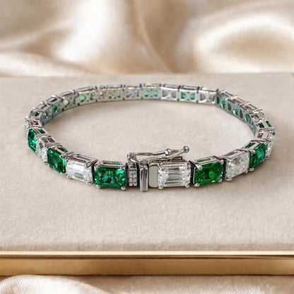 Lab Grown Diamond Bracelet with Emeralds, Emerald Cut Tennis Bracelet, White Gold Diamond Bracelet, #8945