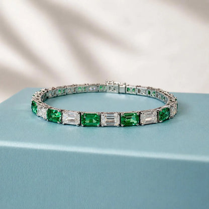 Lab Grown Diamond Bracelet with Emeralds, Emerald Cut Tennis Bracelet, White Gold Diamond Bracelet, #8945