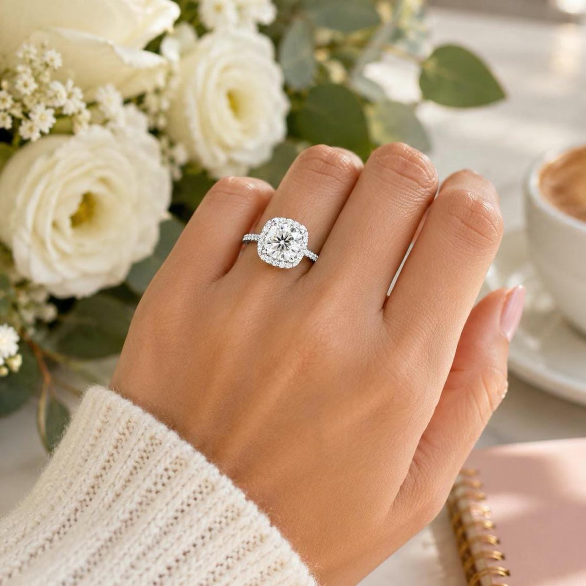 Moissanite Engagement Ring Cushion Cut 14K White Gold, Halo Engagement Ring, Cushion Cut Halo Moissanite Engagement Ring For Ladies, #6886