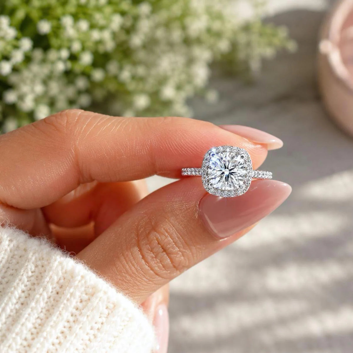 Moissanite Engagement Ring Cushion Cut 14K White Gold, Halo Engagement Ring, Cushion Cut Halo Moissanite Engagement Ring For Ladies, #6886