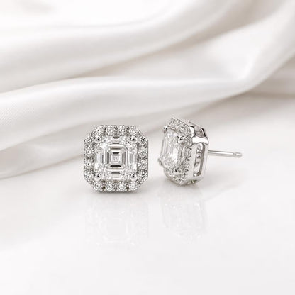 Asscher Cut Lab Grown Diamond Stud Earrings, Halo Diamond Earrings, 14K Solid Gold Earrings, Square Diamond Studs For Women #8954