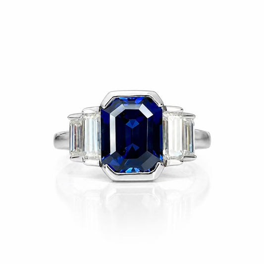 Emerald Cut Blue Sapphire And Moissanite Engagement Ring, 14k White Gold Five Stone Bezel Set Sapphire And Moissanite Wedding Ring     #7106