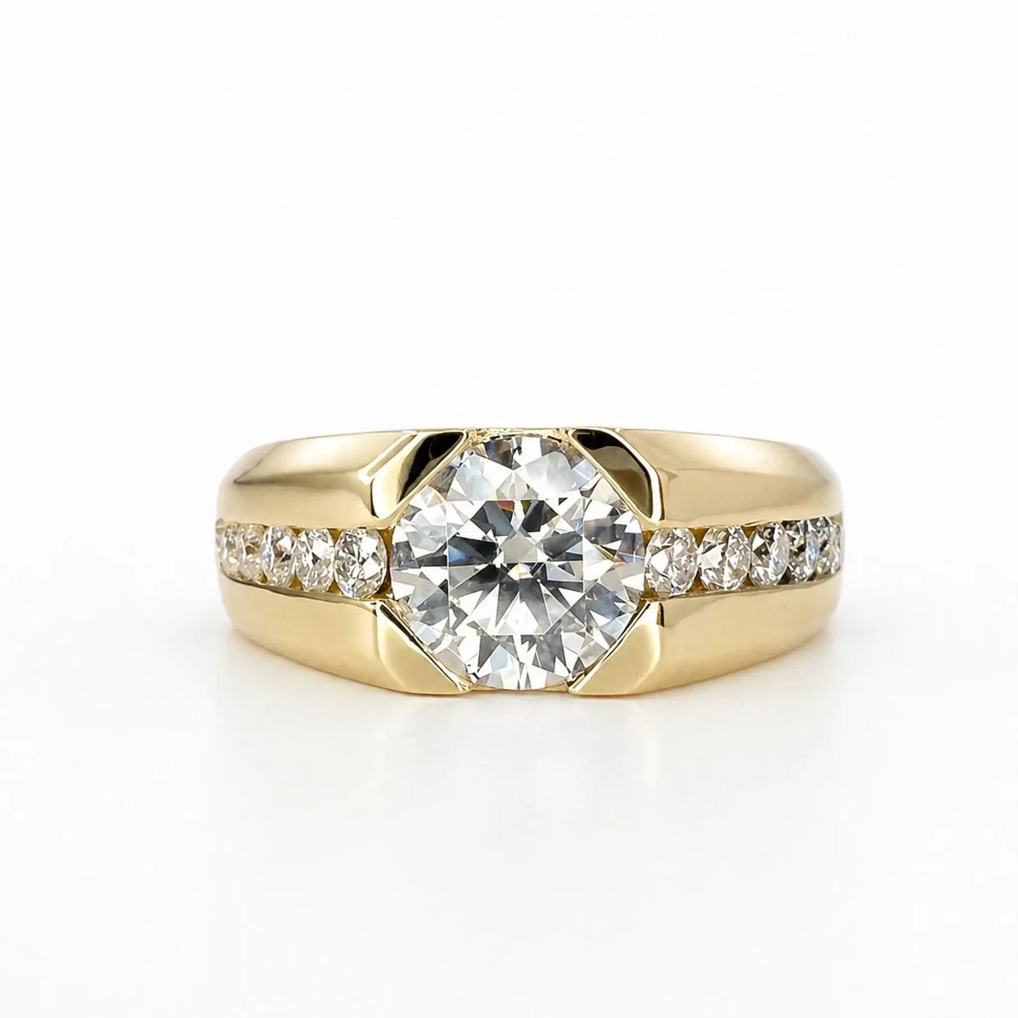 Round moissanite  mens ring 14k solid gold, half bezel mens moissanite ring, Fathers day gift, mens pinky ring, real diamond ring mans #8192