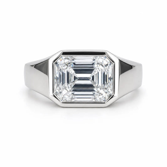 Mens moissanite diamond wedding ring 14k white gold, unique moissanite mens ring, emerald cut mens anniversary gift, mans band ring,   #7495