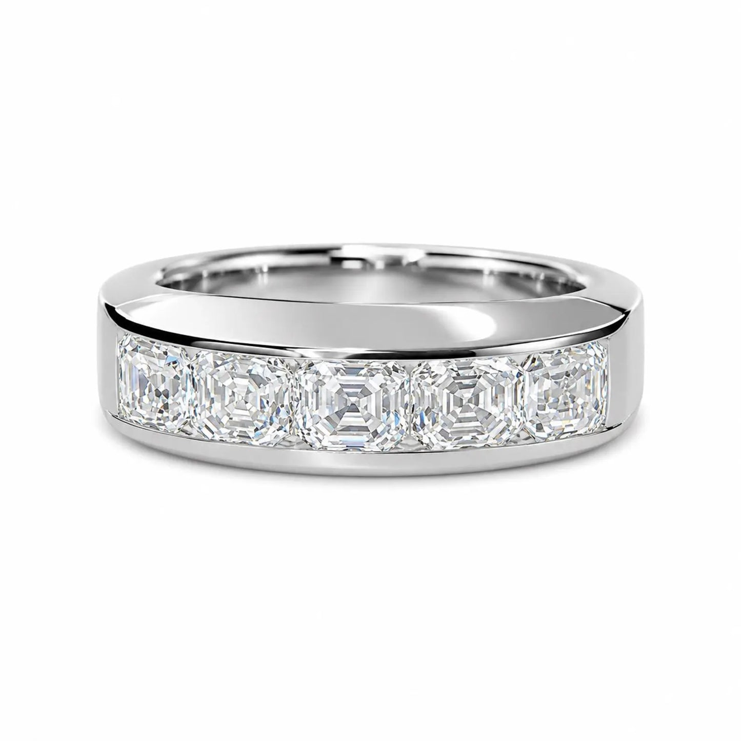 Mens Diamond Wedding Band 14K White Gold , Asscher Cut Moissanite Mans Wedding Band , Mens Promise Anniversary Ring  Mens Wedding Band #7258