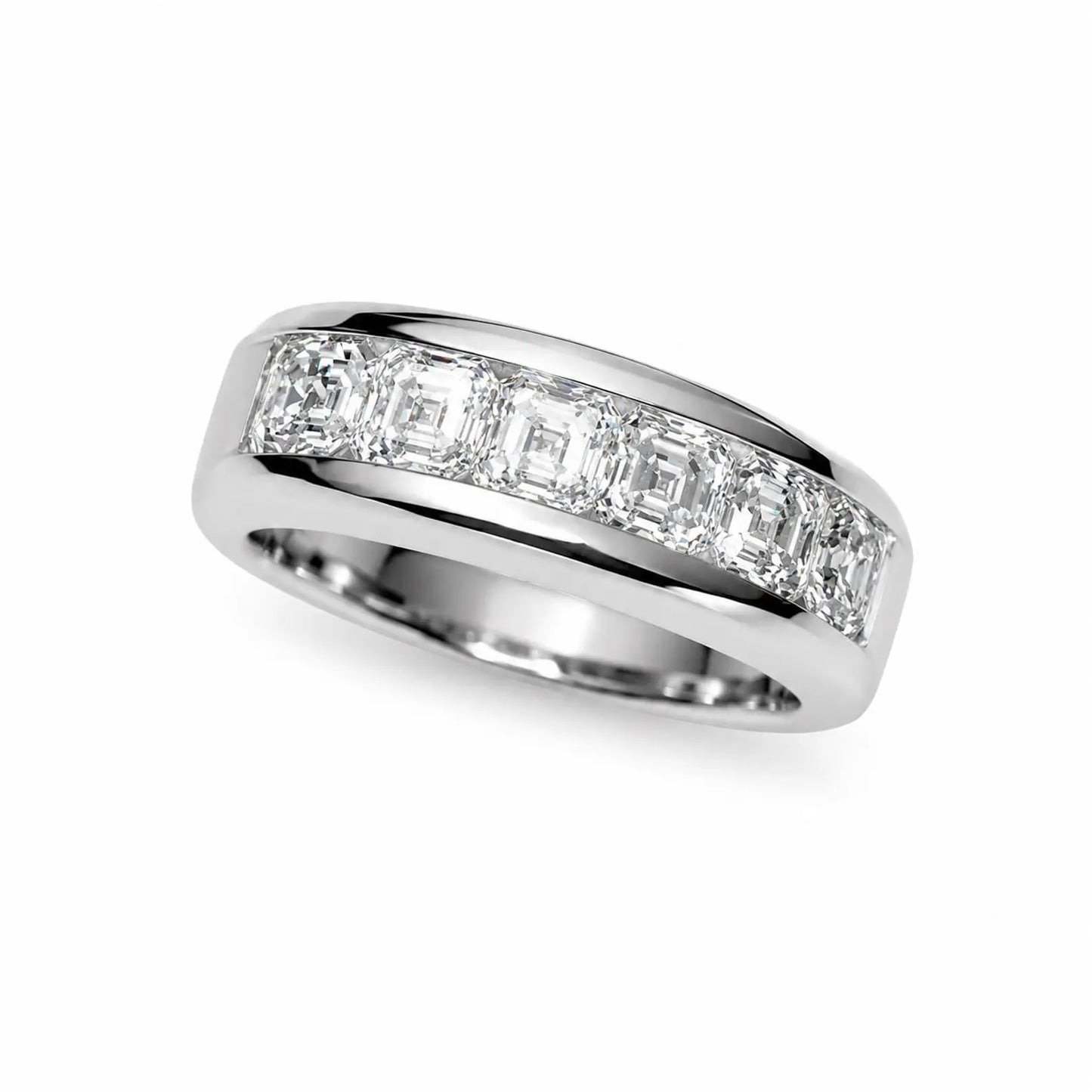 Mens Diamond Wedding Band 14K White Gold , Asscher Cut Moissanite Mans Wedding Band , Mens Promise Anniversary Ring  Mens Wedding Band #7258